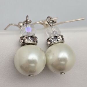 Handmade Silver-Tone Glass Faux Pearl & Rhinestone Drop Earrings